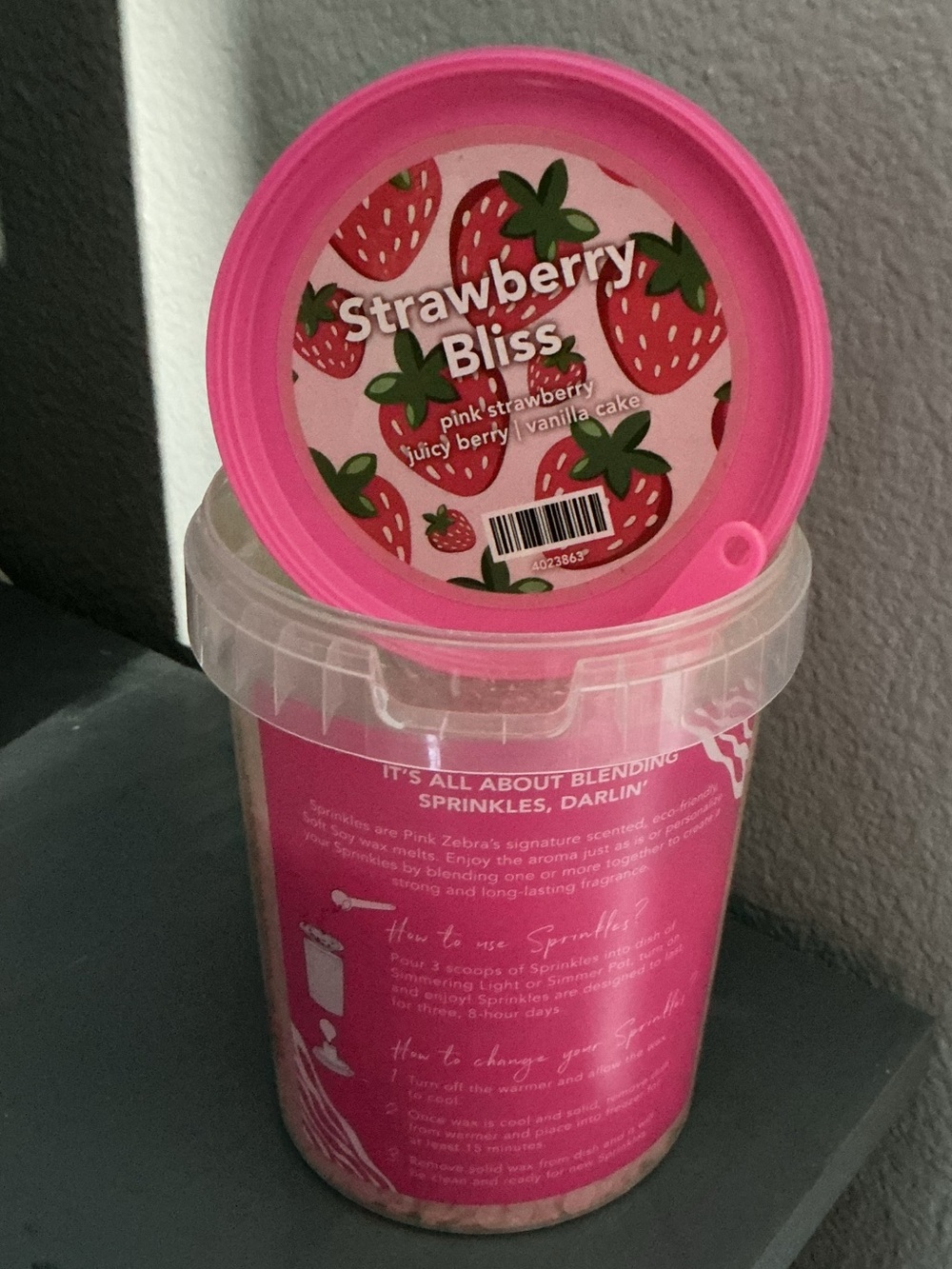Strawberry Bliss Pink Zebra Wax Melts in a 4 oz blend bag